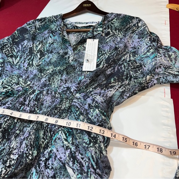 IRO DENIZ Blue Purple abstract DRESS NEW LUXURY A0554 Cotton Ruched Waist sz 34 - Picture 11 of 16